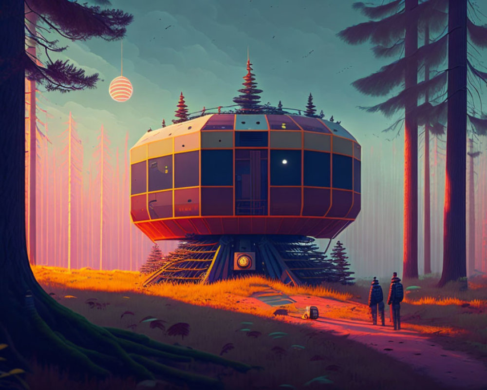Futuristic house on stilts in forest with people and robot under twilight sky