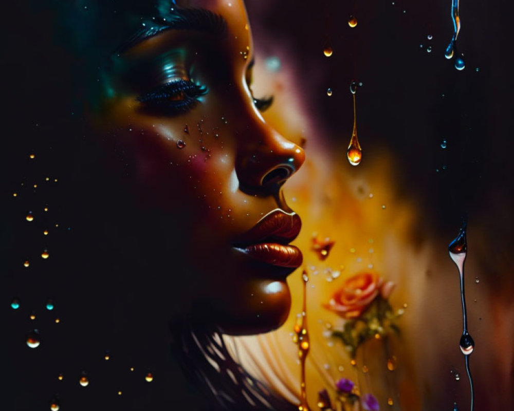 Close-up Woman's Profile with Vibrant Paint Drips and Floral Elements