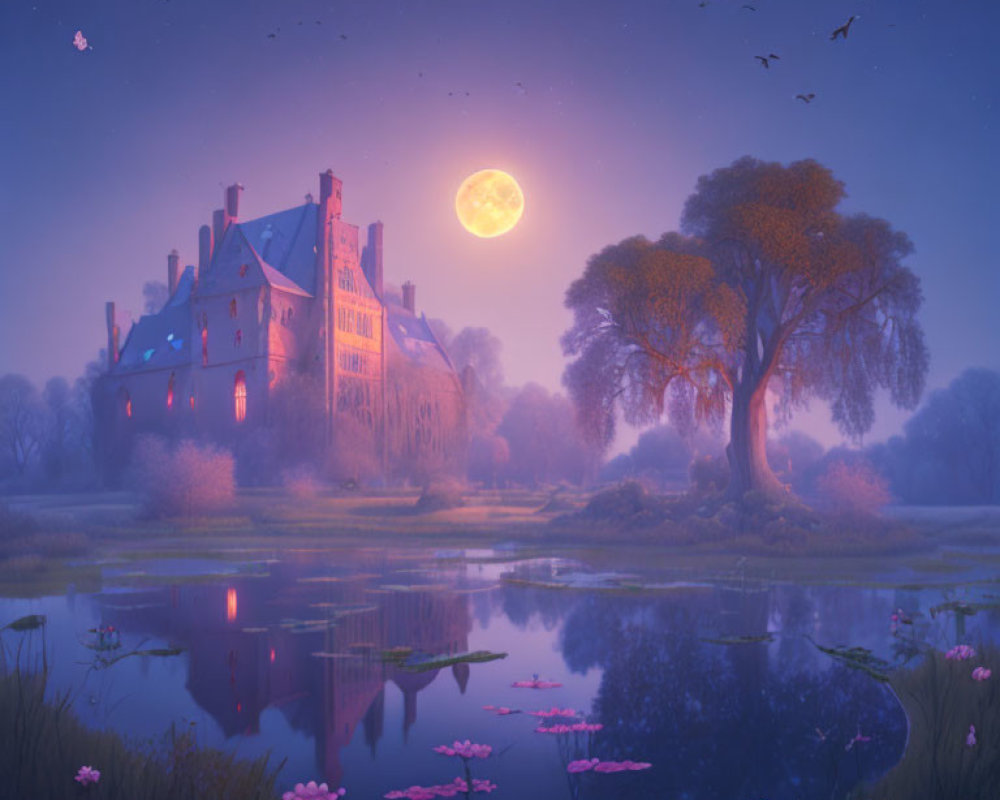 Moonlit Castle Reflecting in Water with Bats and Lotus Flowers