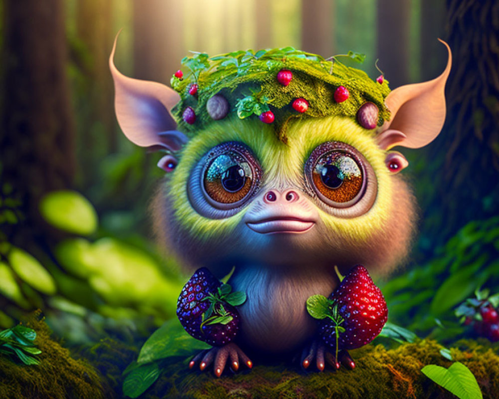 Enchanting creature with sparkling eyes in mystical forest