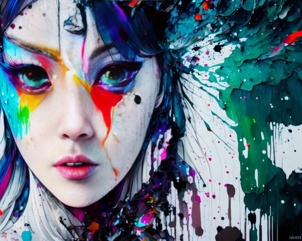 Vibrant digital artwork: person with paint streaks on face and abstract background