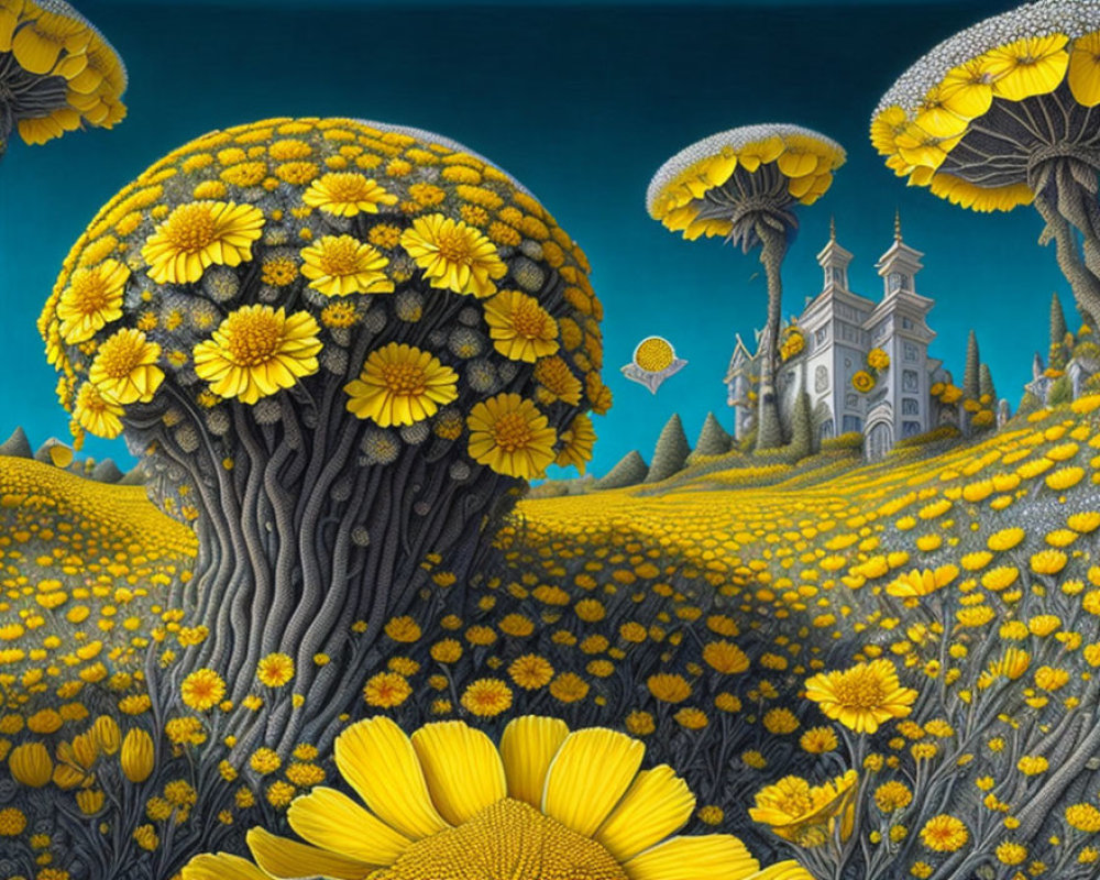 Surreal landscape with blooming tree, mushroom structures, and hilltop castle