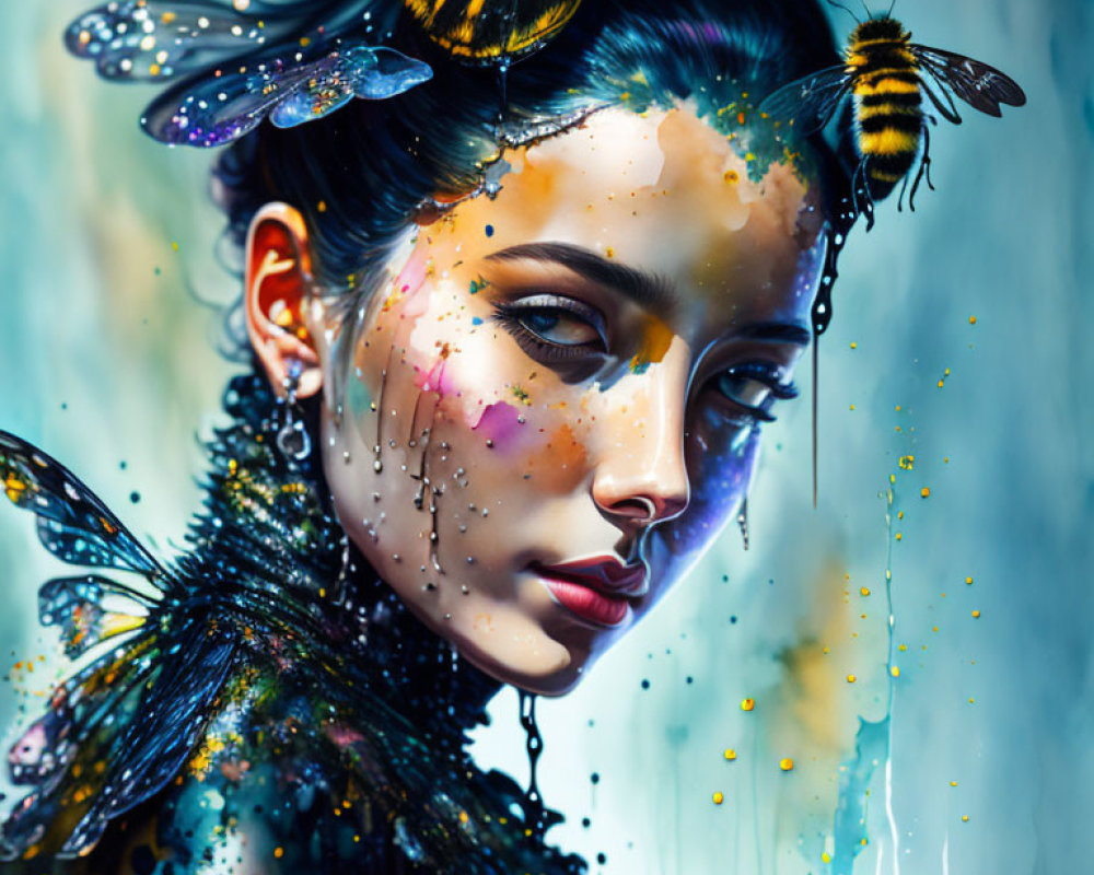 Digital Artwork: Woman with Butterfly Wings, Bee, and Colorful Paint Splashes