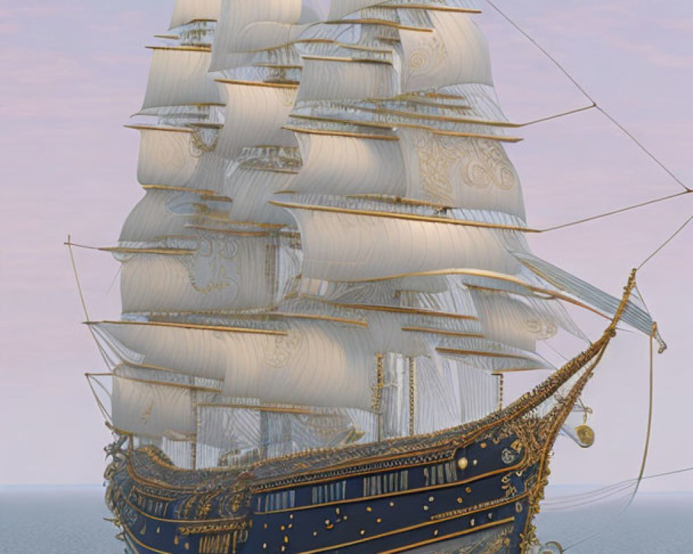 Digital rendering of grand tall ship with unfurled sails on calm water at twilight