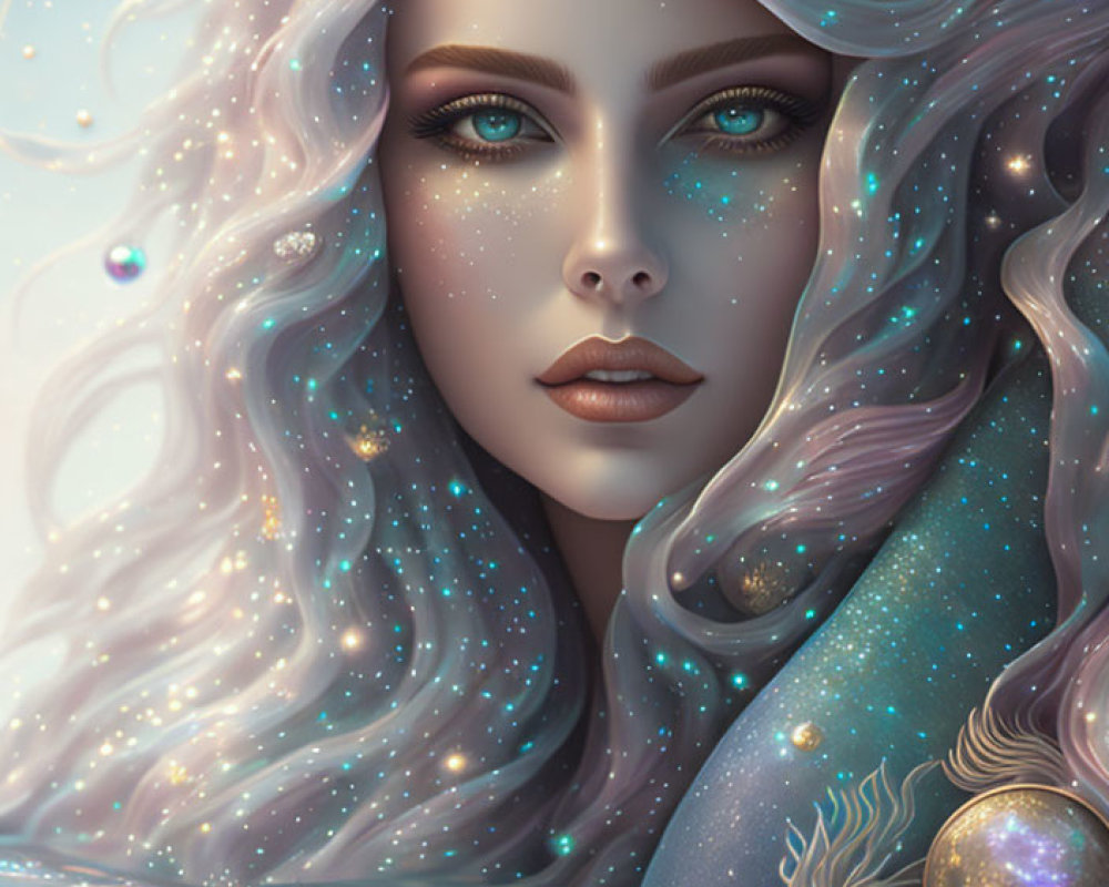 Woman with Long White Hair in Galactic Fantasy Portrait