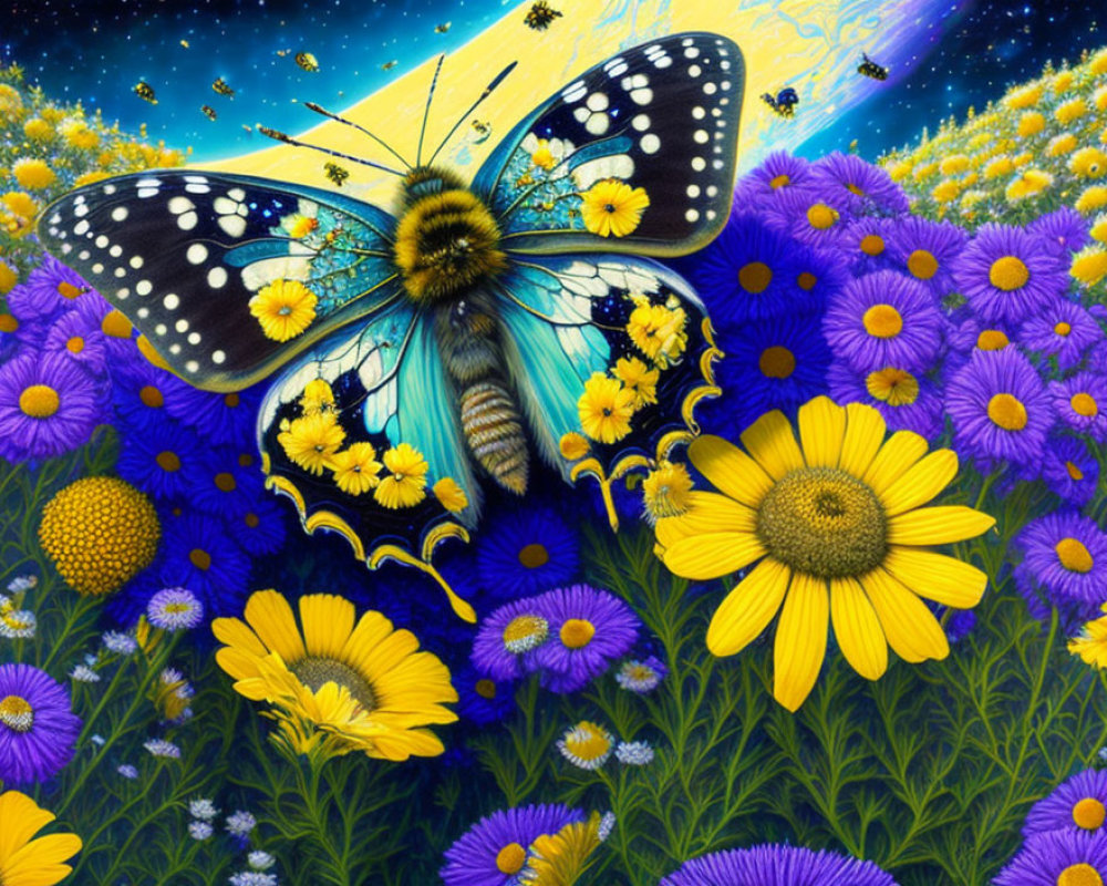 Colorful Butterfly Among Purple and Yellow Flowers in Starry Sky