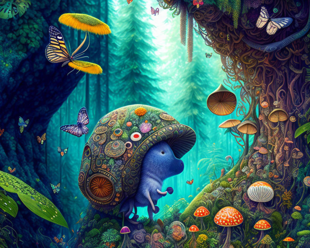 Illustration of whimsical creature with mushroom cap and butterflies in enchanting forest
