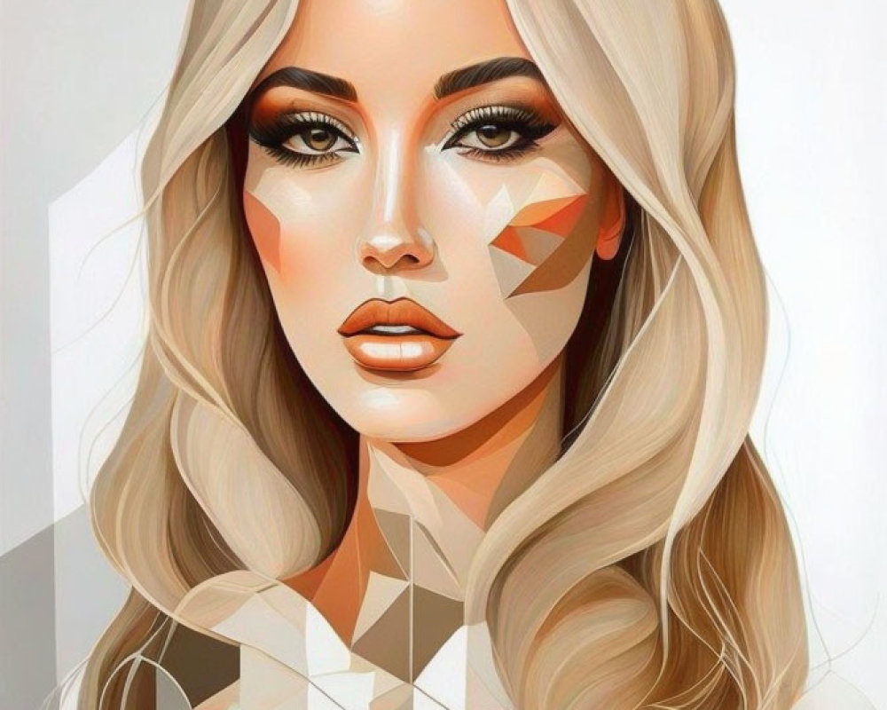 Blonde woman with geometric face art and neutral expression