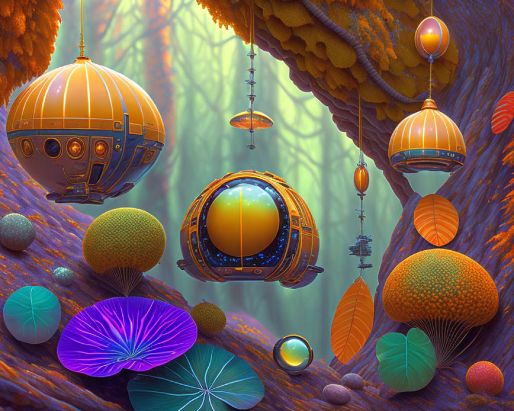 Surreal forest with floating habitats and colorful flora
