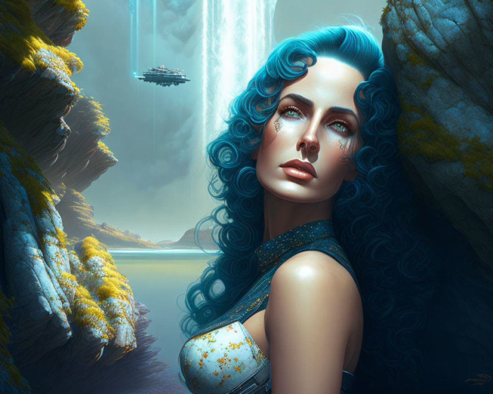 Digital Artwork: Woman with Blue Hair in Futuristic Attire Amid Waterfalls & Floating Ship