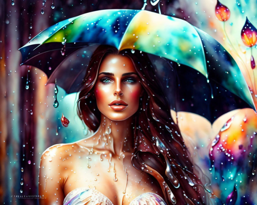 Colorful digital artwork: Woman with blue eyes & umbrella in multicolored rain