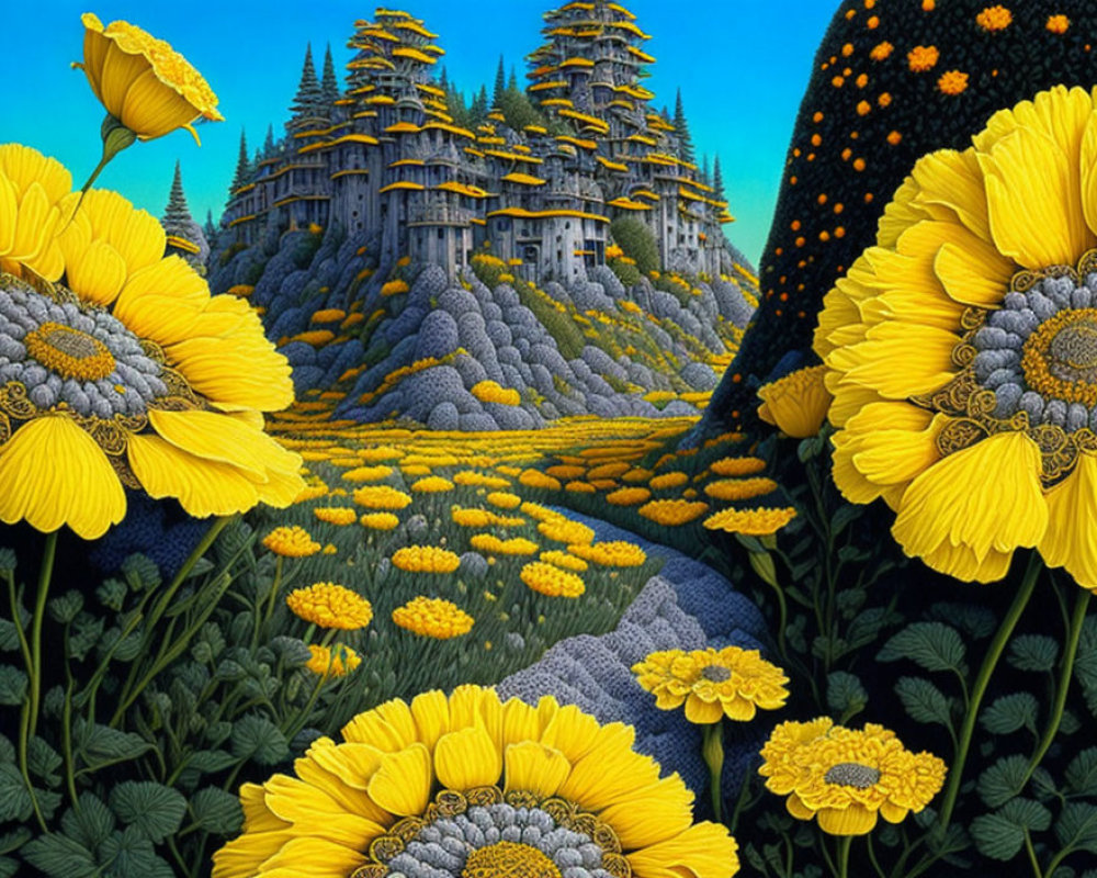 Fantastical landscape with vibrant yellow flowers and whimsical tree houses