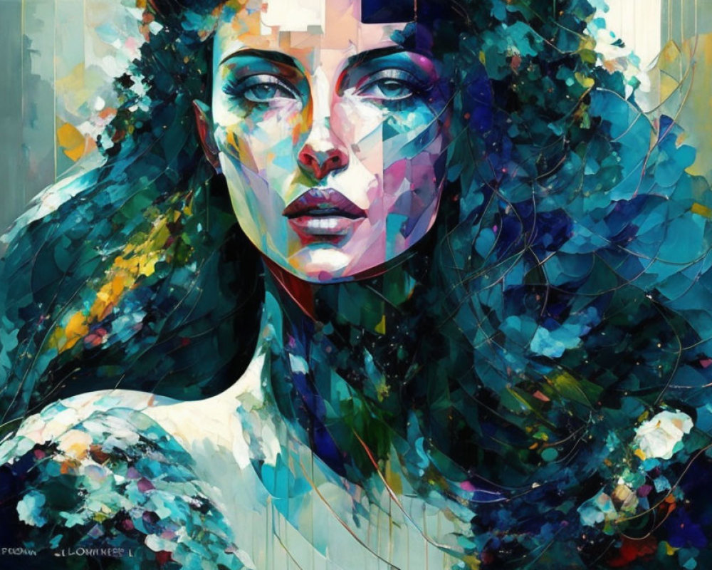 Vibrant blue and green abstract portrait with expressive brush strokes