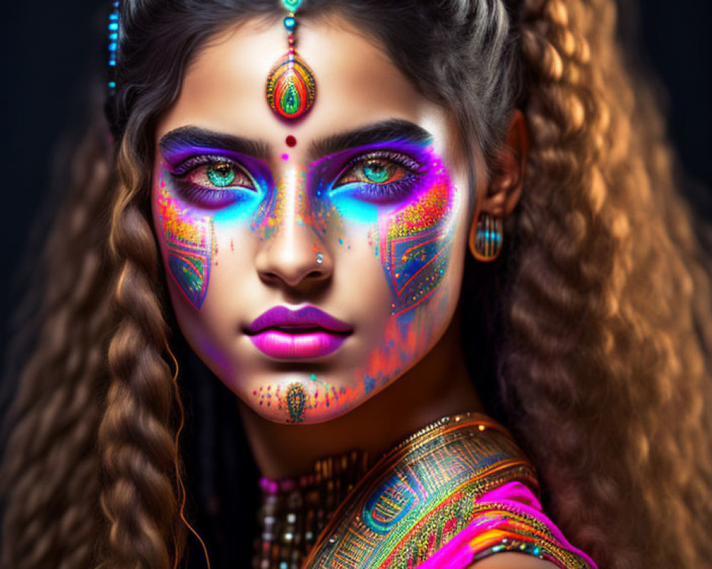 Woman with Vibrant Tribal Makeup and Intricate Braided Hair: Colorful Beads and Patterns