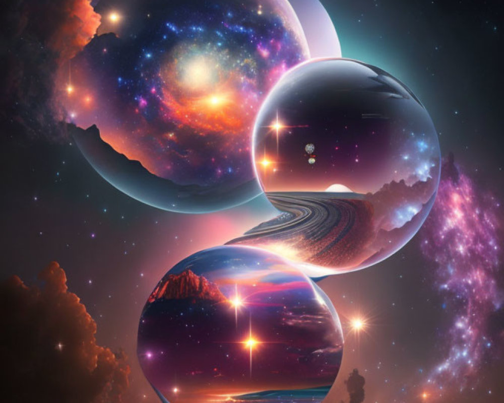 Cosmic spheres with galaxy, starry sky, road, and mountain landscape