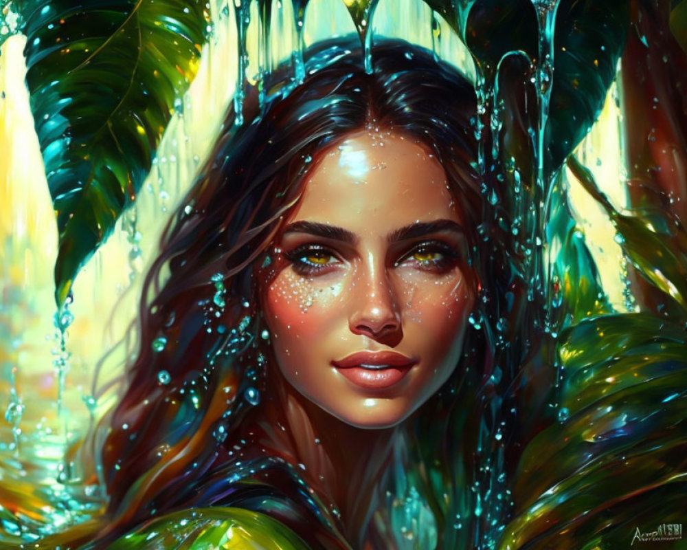 Digital portrait of woman with brown hair and green eyes among lush green leaves and water droplets.