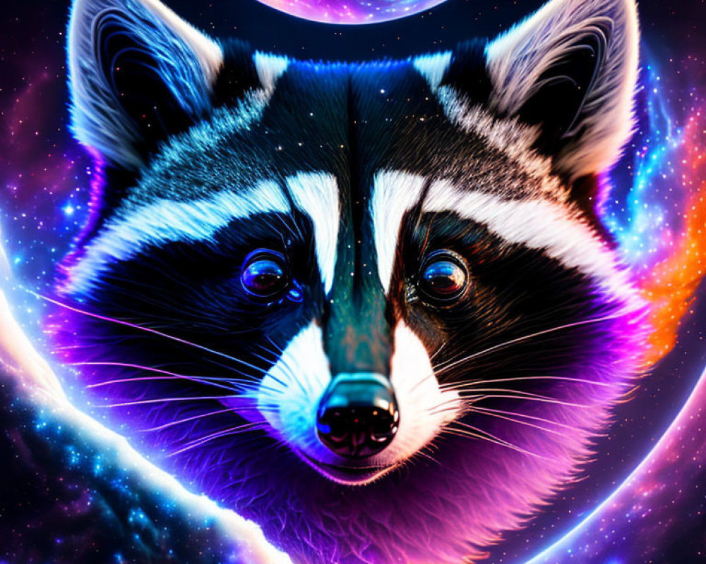 Colorful digital artwork: Raccoon face on cosmic background