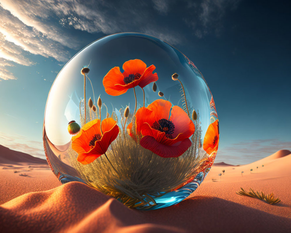 Transparent sphere with vibrant red poppies on sandy dunes at dusk or dawn