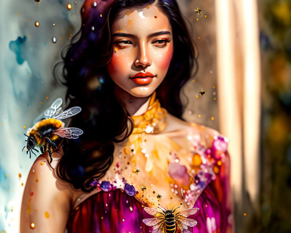 Colorful Star-Splattered Hair Woman with Bumblebees and Liquid Paint Dress