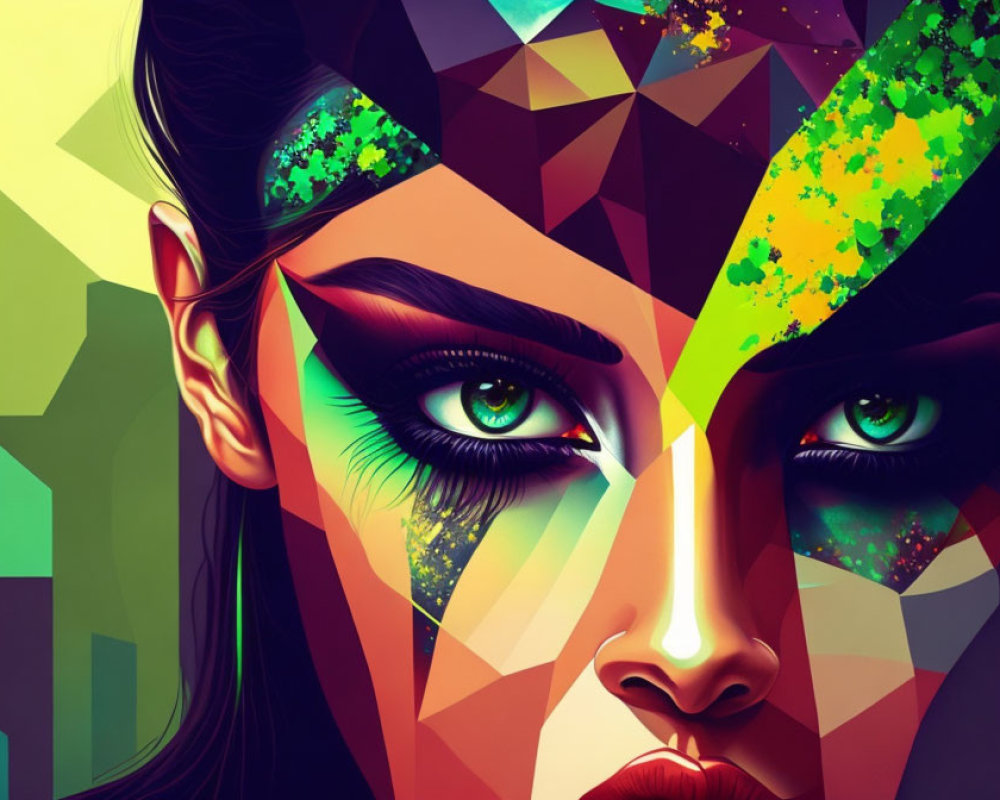 Geometric digital artwork of a woman's face with colorful green and yellow splashes