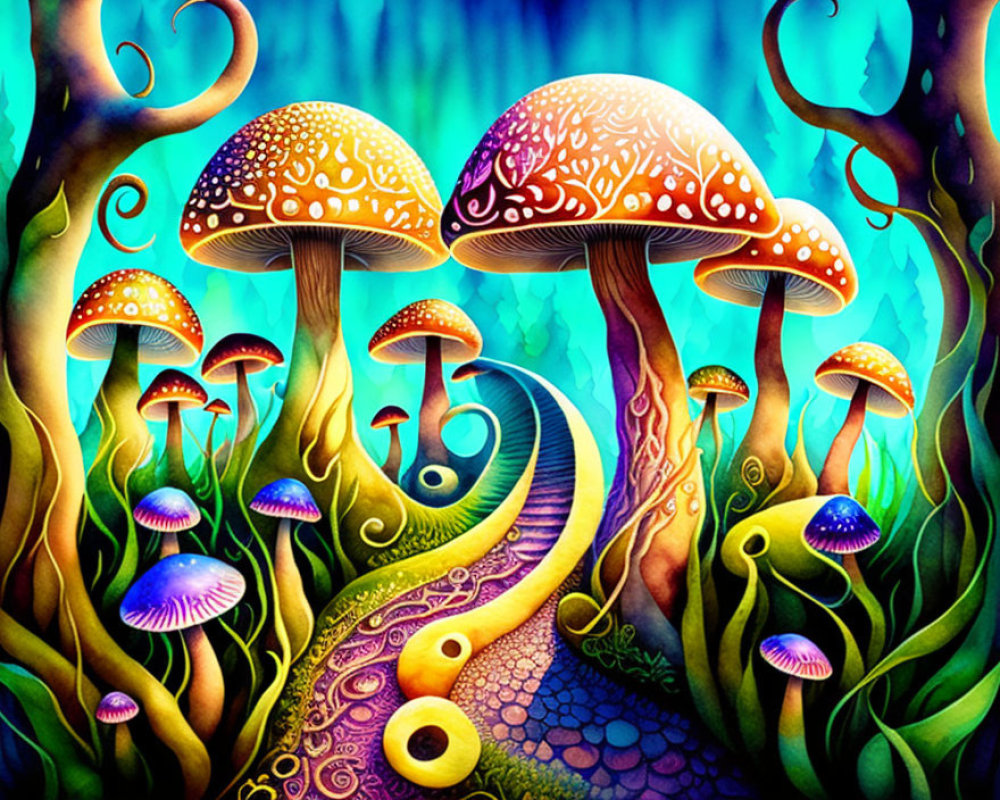 Vibrant forest illustration with whimsical mushrooms and luminous plants