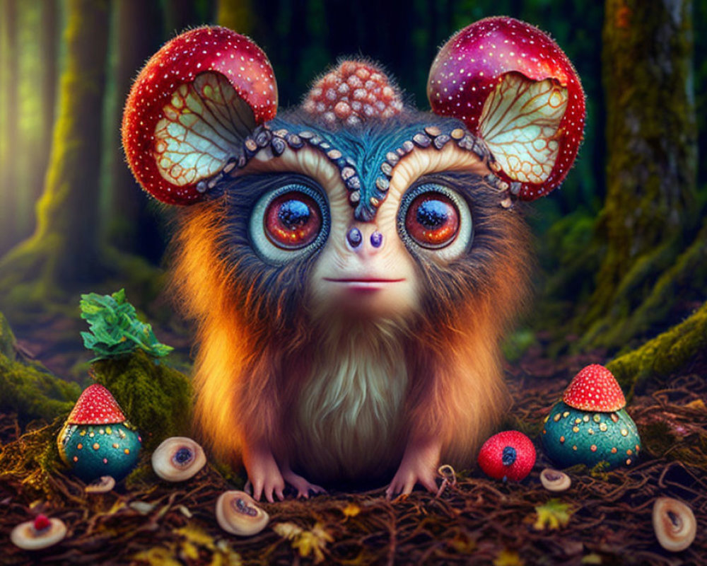 Colorful Fantasy Creature with Butterfly Wing-Like Ears in Enchanted Forest