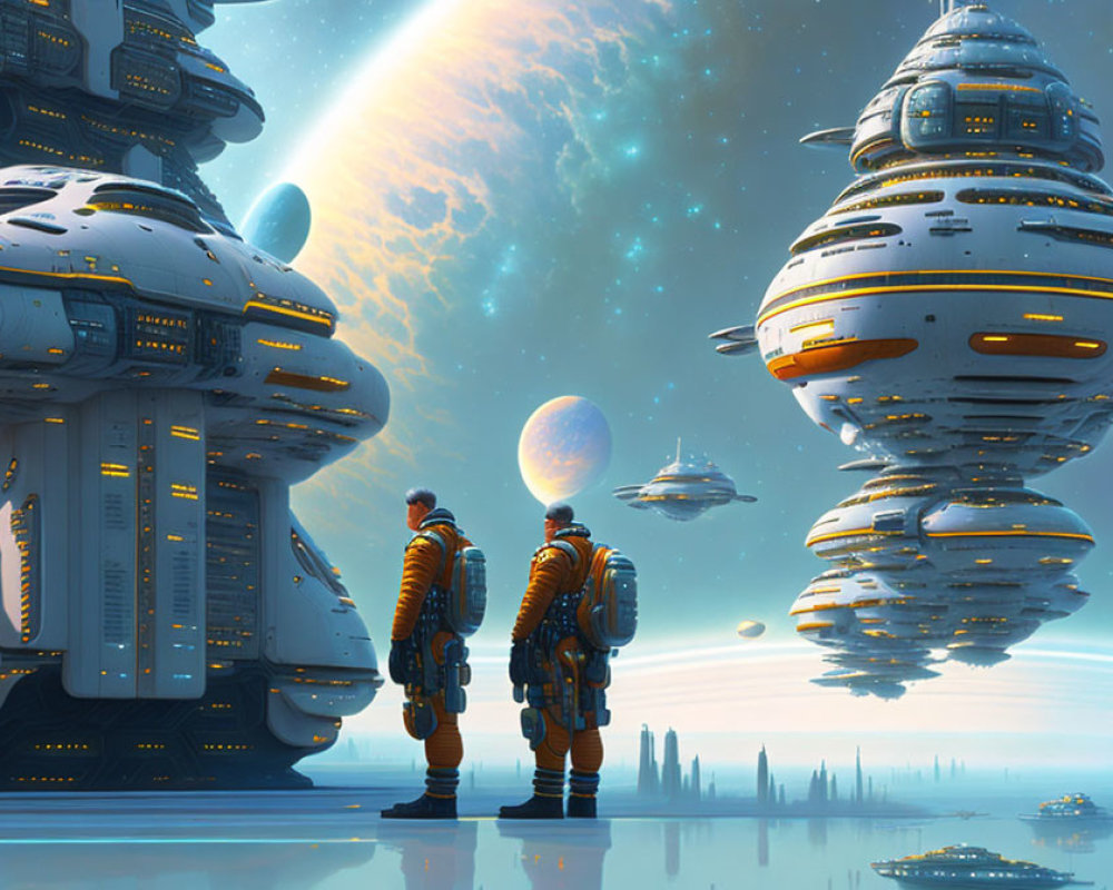 Futuristic cityscape with astronauts and spaceships.