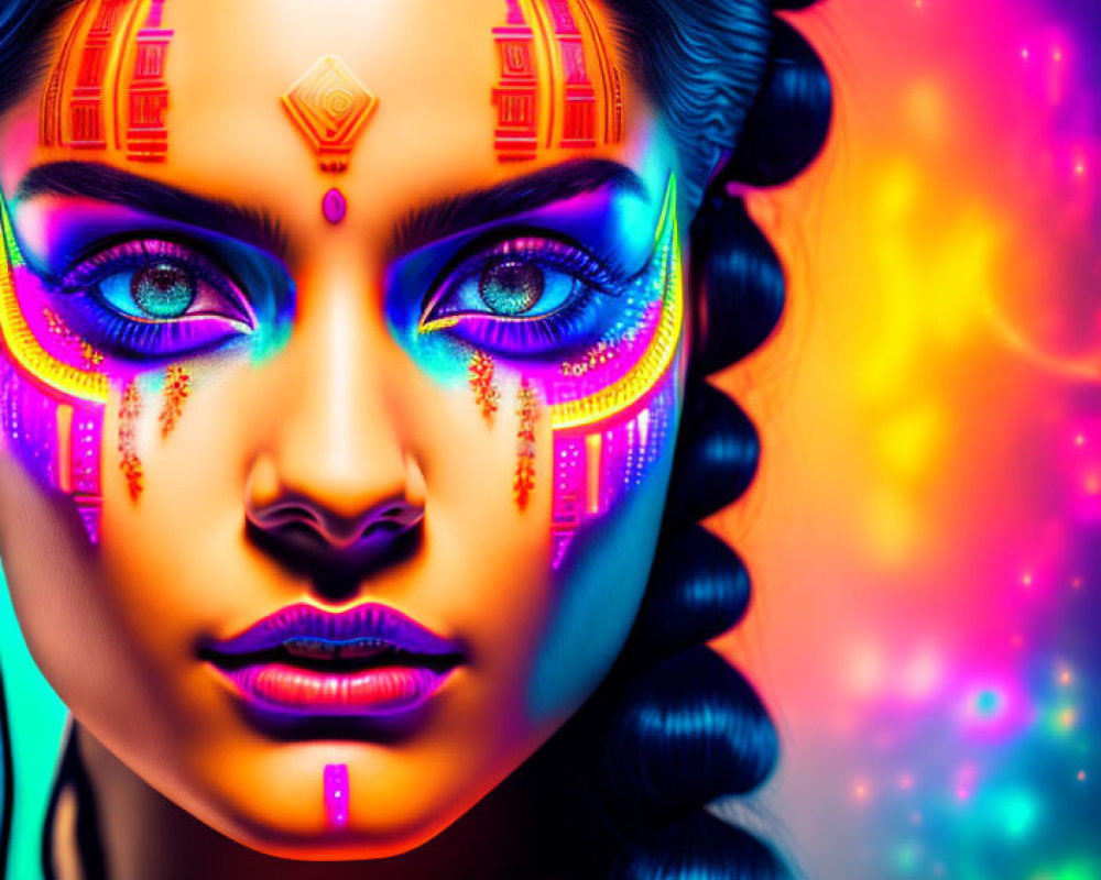 Vibrant neon makeup portrait with futuristic glowing patterns on abstract fiery background