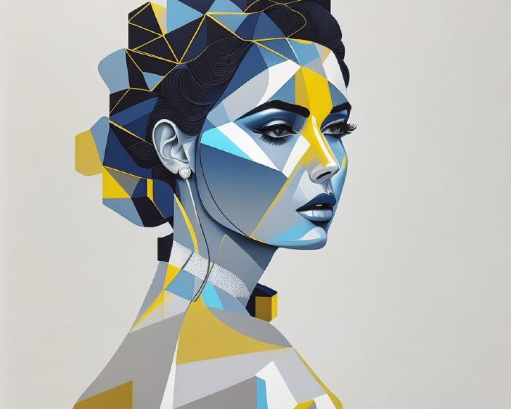 Geometric blue, gold, and gray portrait on beige background