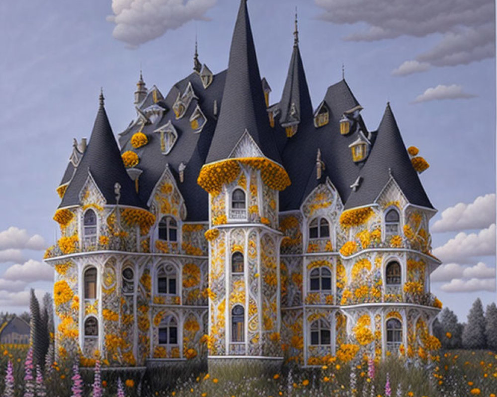 Castle with Pointed Towers in Lush Gardens under Cloudy Sky