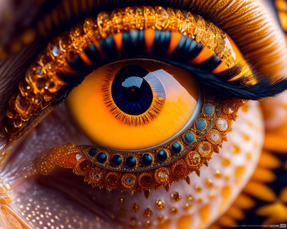 Vibrant orange and blue ornate eye with intricate patterns