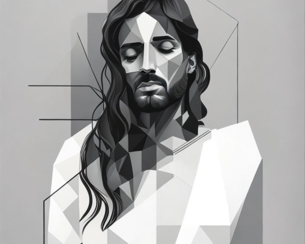 Abstract grayscale geometric illustration of a bearded man with long hair