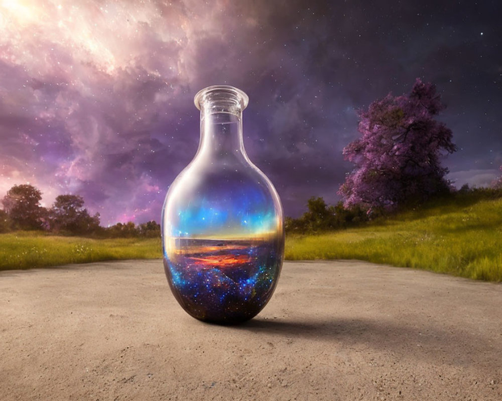 Transparent Bottle on Path with Sunset and Stars in Twilight Sky
