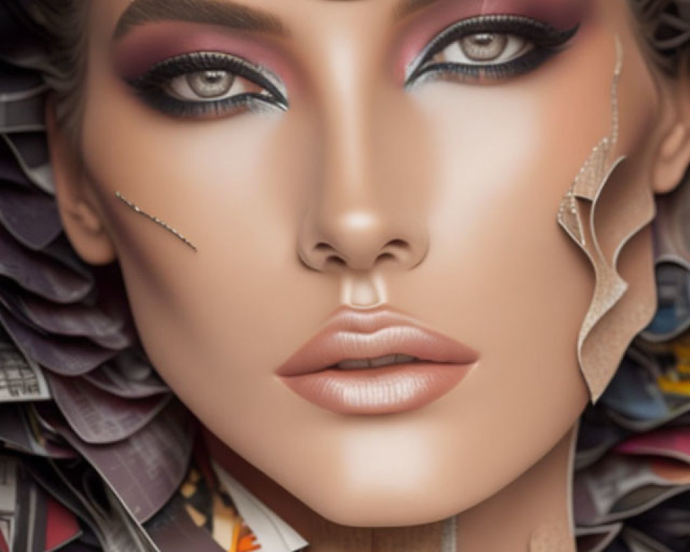 Creative makeup woman with paper elements and newspaper print accents