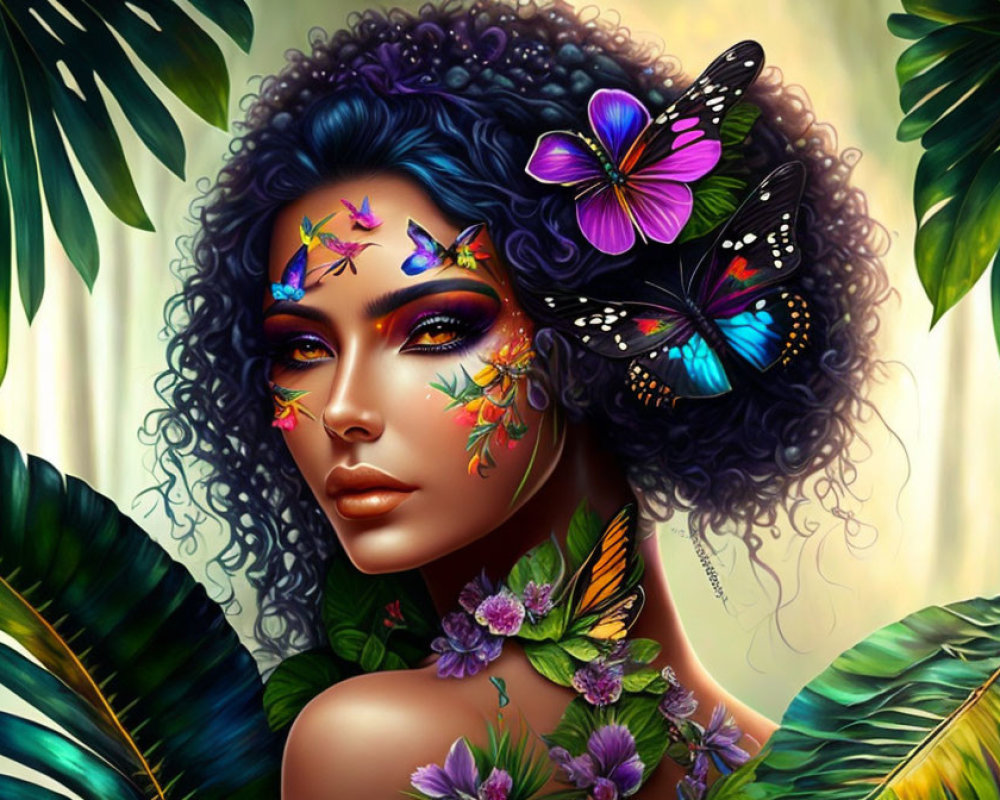 Colorful artwork of woman with curly hair, butterflies, green foliage, and flowers