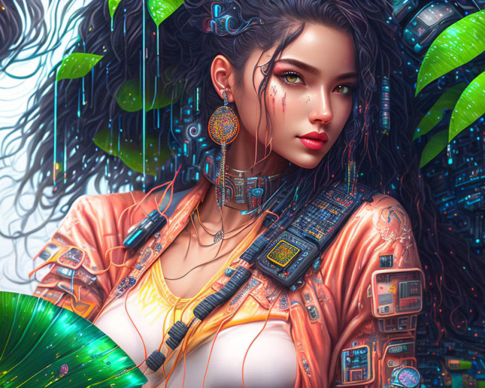 Futuristic woman with cybernetic enhancements and intricate earrings in urban jungle scenery