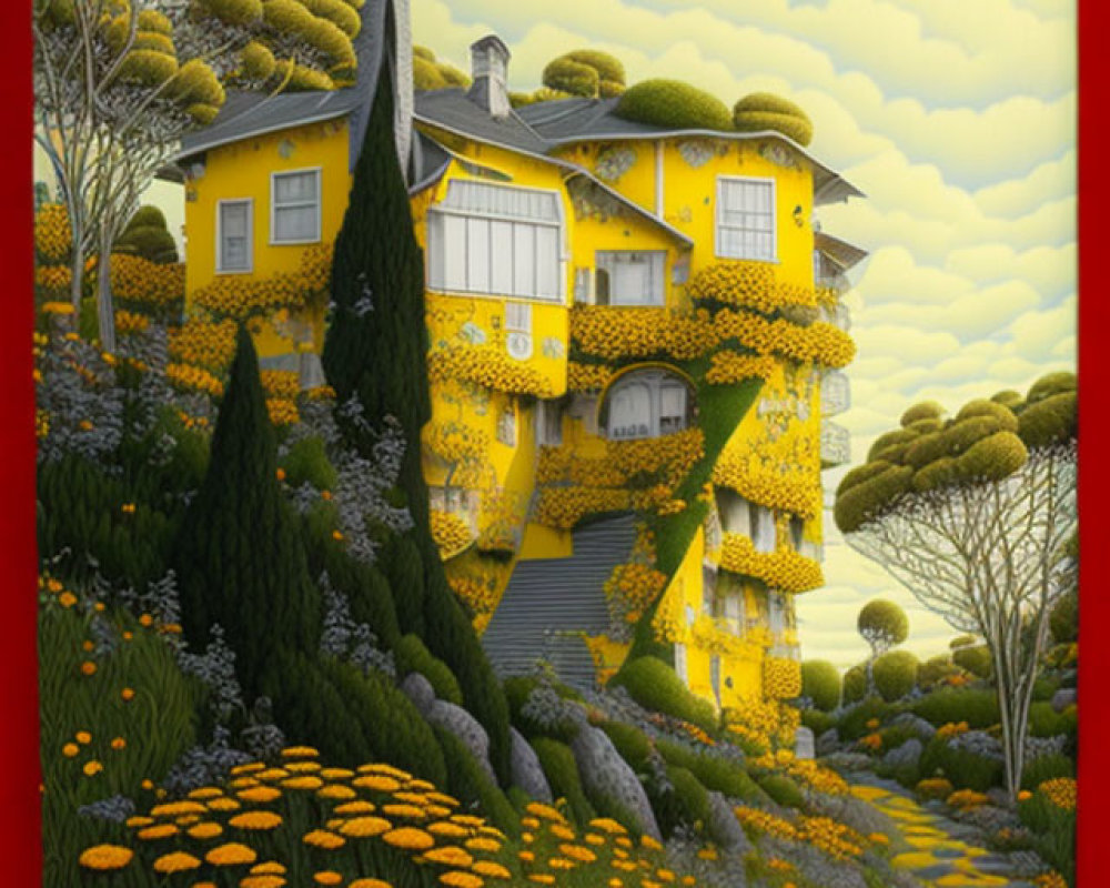 Colorful digital artwork of yellow house among daisies and flowers on hillside