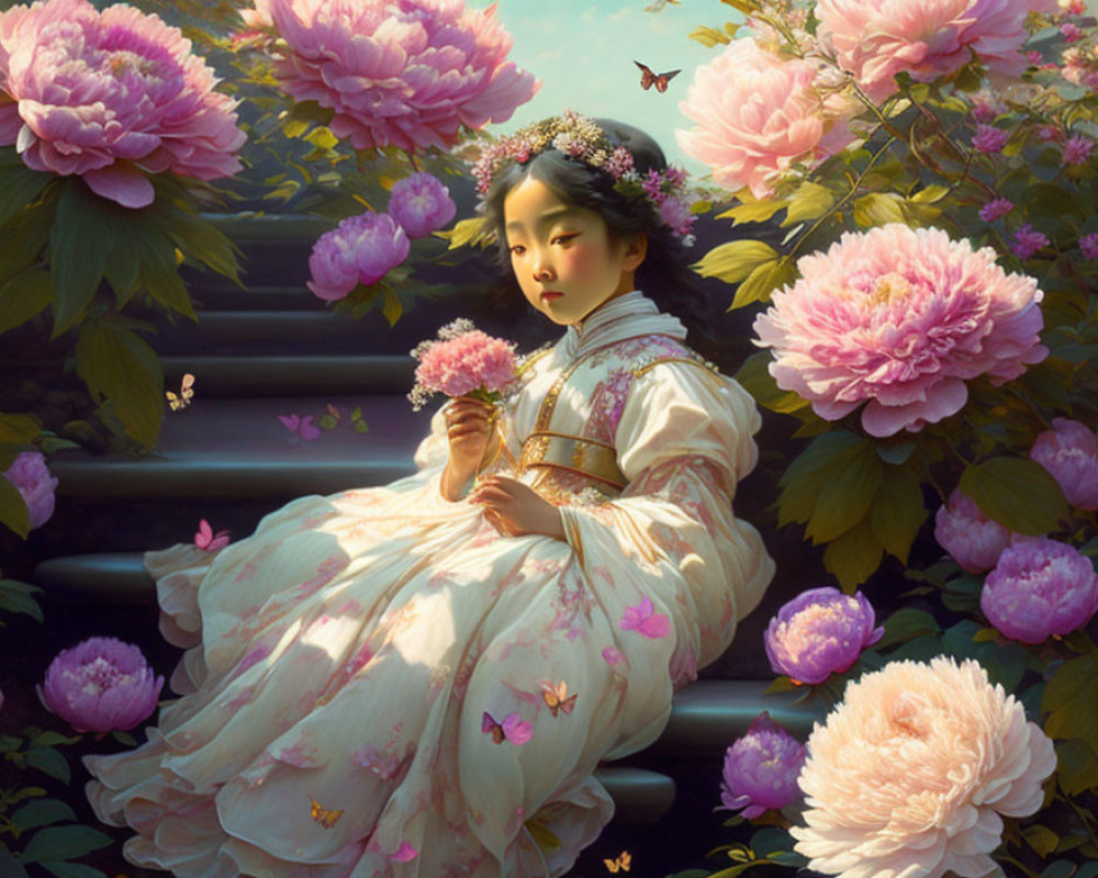 Portrait of girl in traditional attire with pink peonies and butterfly