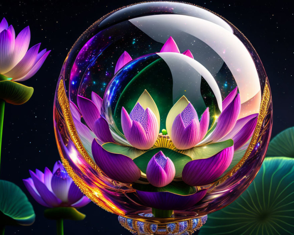 Colorful digital art: Lotus flowers, cosmic sphere, starry night.