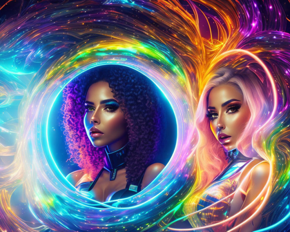 Vibrant neon hair colors on two women against cosmic backdrop