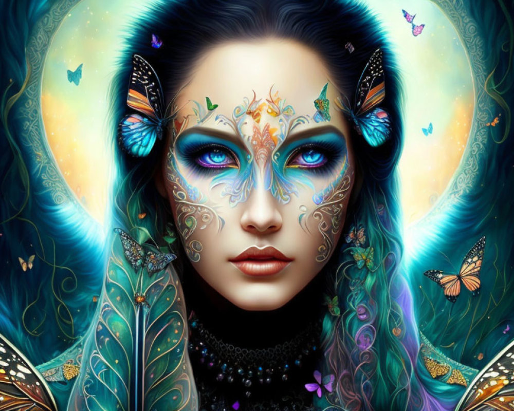 Fantastical portrait of a woman with feline ears and butterfly motifs