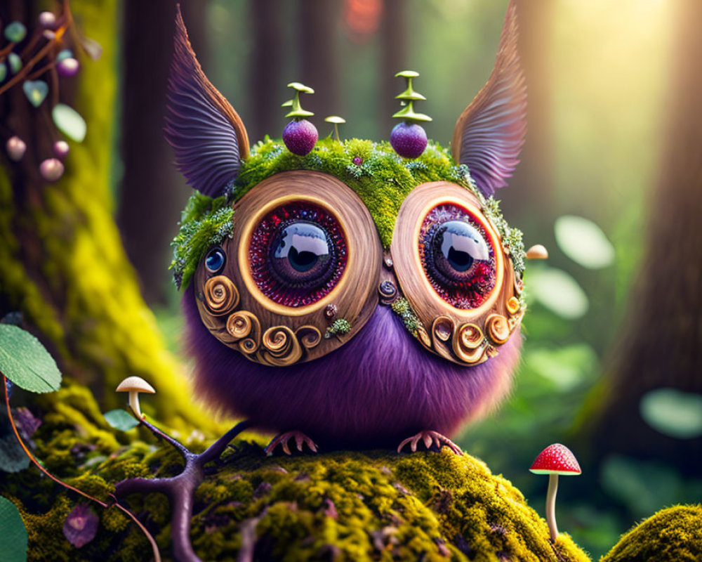 Whimsical owl-like creature with forest elements in magical forest