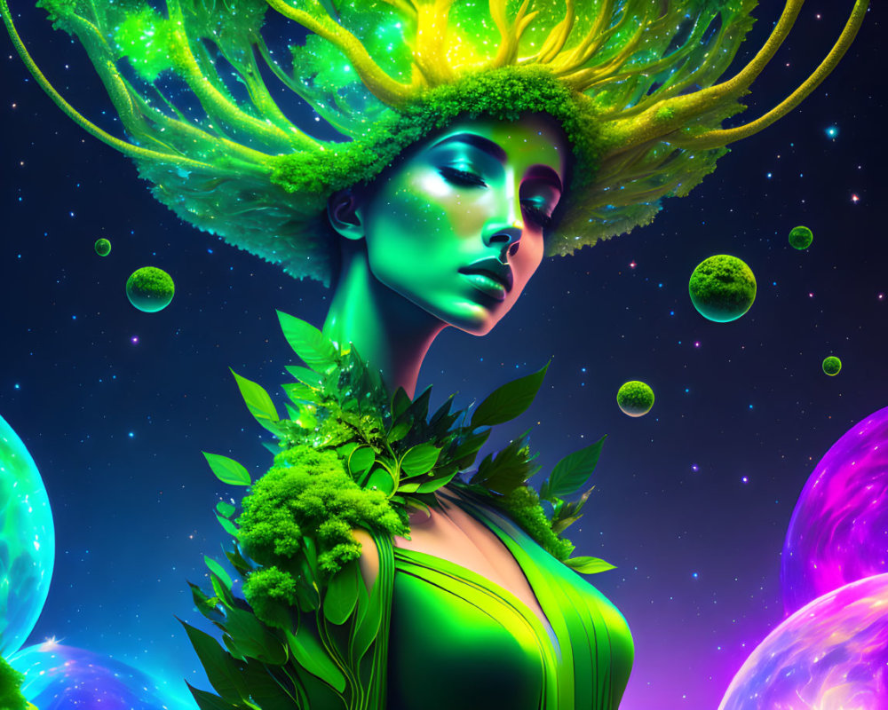 Digital artwork: Woman with cosmic greenery hair, glowing orbs, and starry background