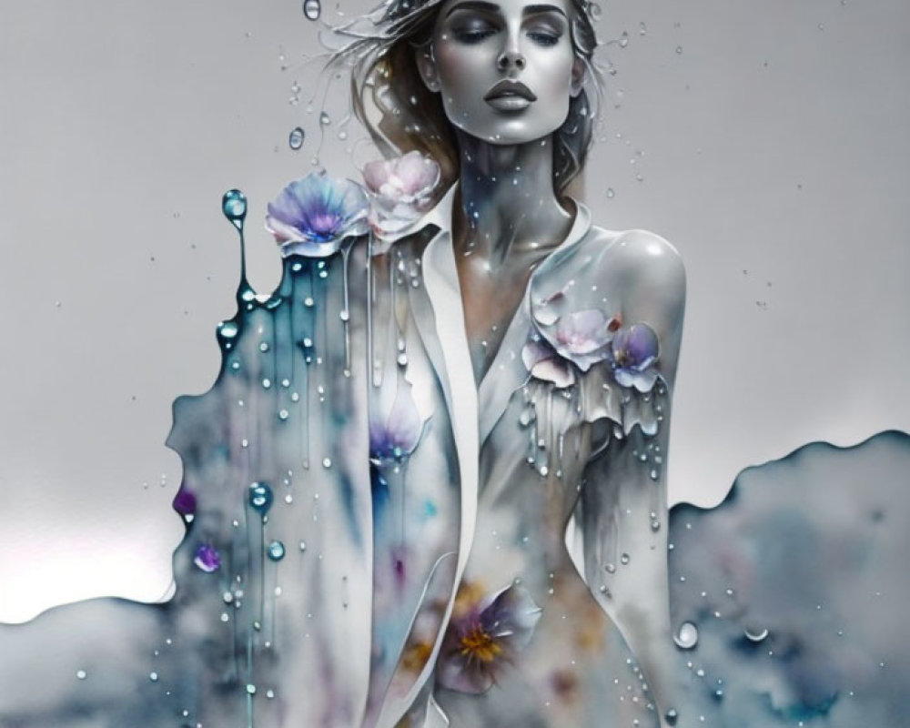 Surreal portrait of woman merging with water and flowers