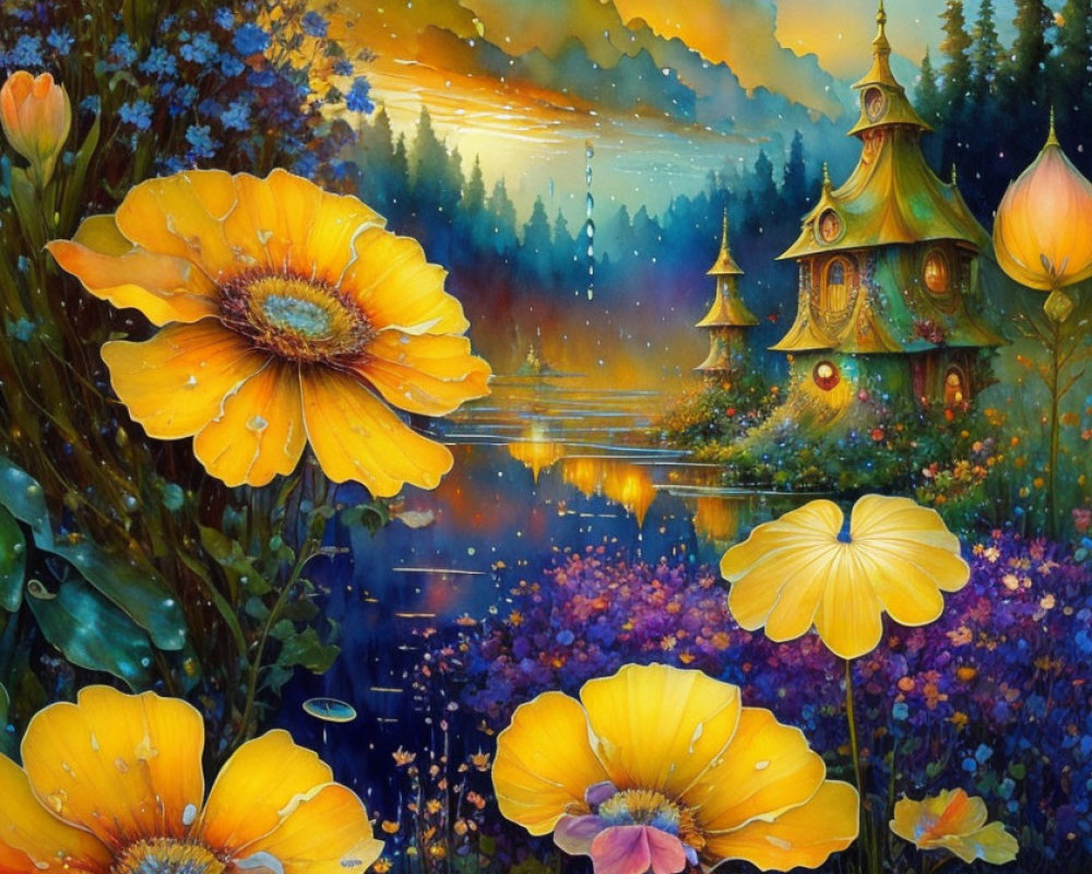 Enchanting cottage in magical forest with yellow flowers
