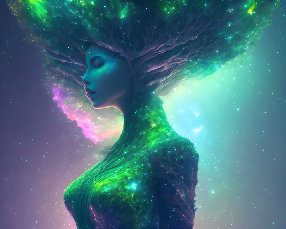 Digital artwork: Woman with tree-like hair in cosmic setting