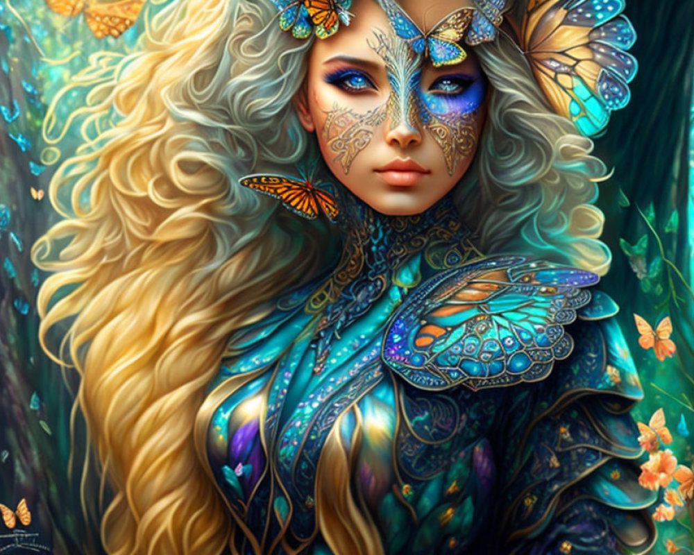 Portrait of woman with butterfly wing patterns surrounded by vibrant butterflies on green background