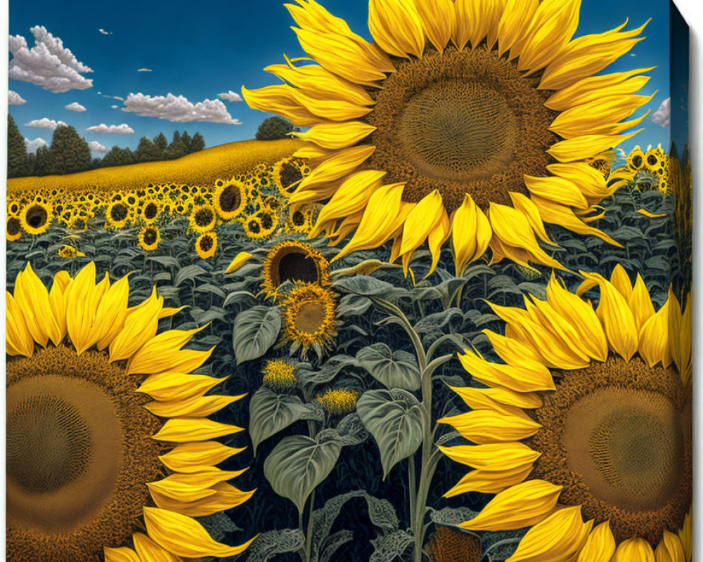 Lush sunflower field with large prominent flower