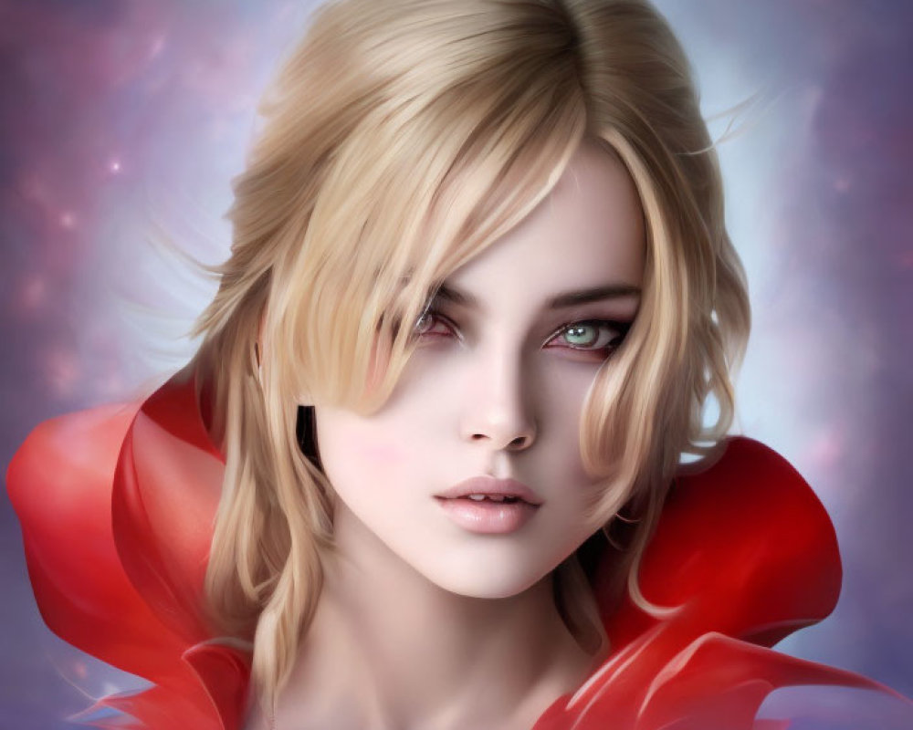 Blonde Woman in Red Cloak with Green Eyes on Purple Background