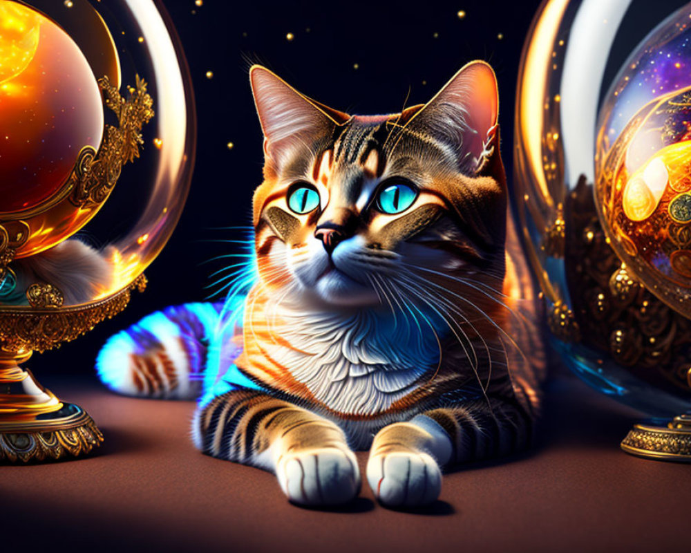 Digital Art: Cat with Blue Eyes Between Glowing Orbs on Starry Background